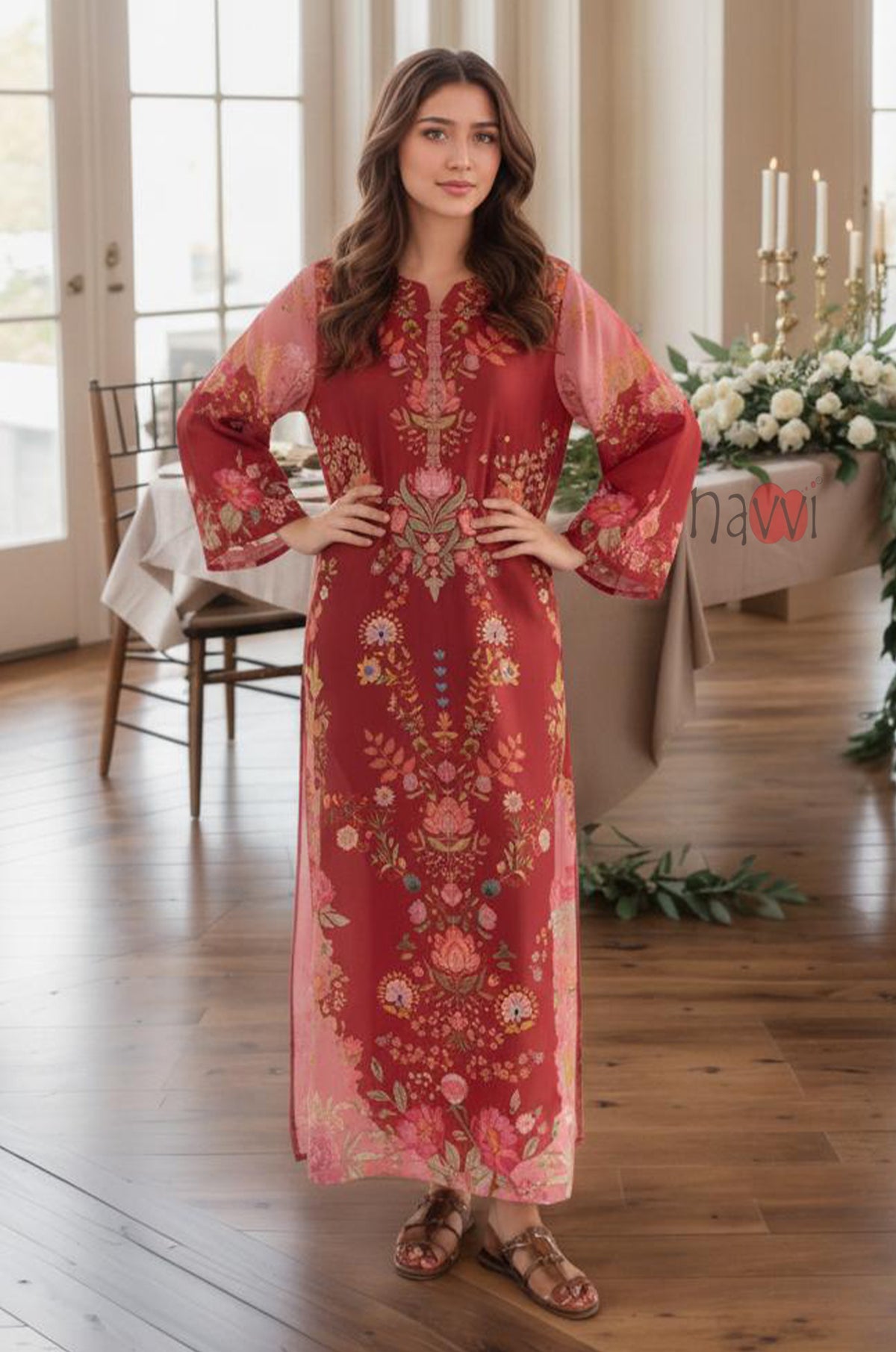 Crimson Red Floral Printed Kaftan Dress
