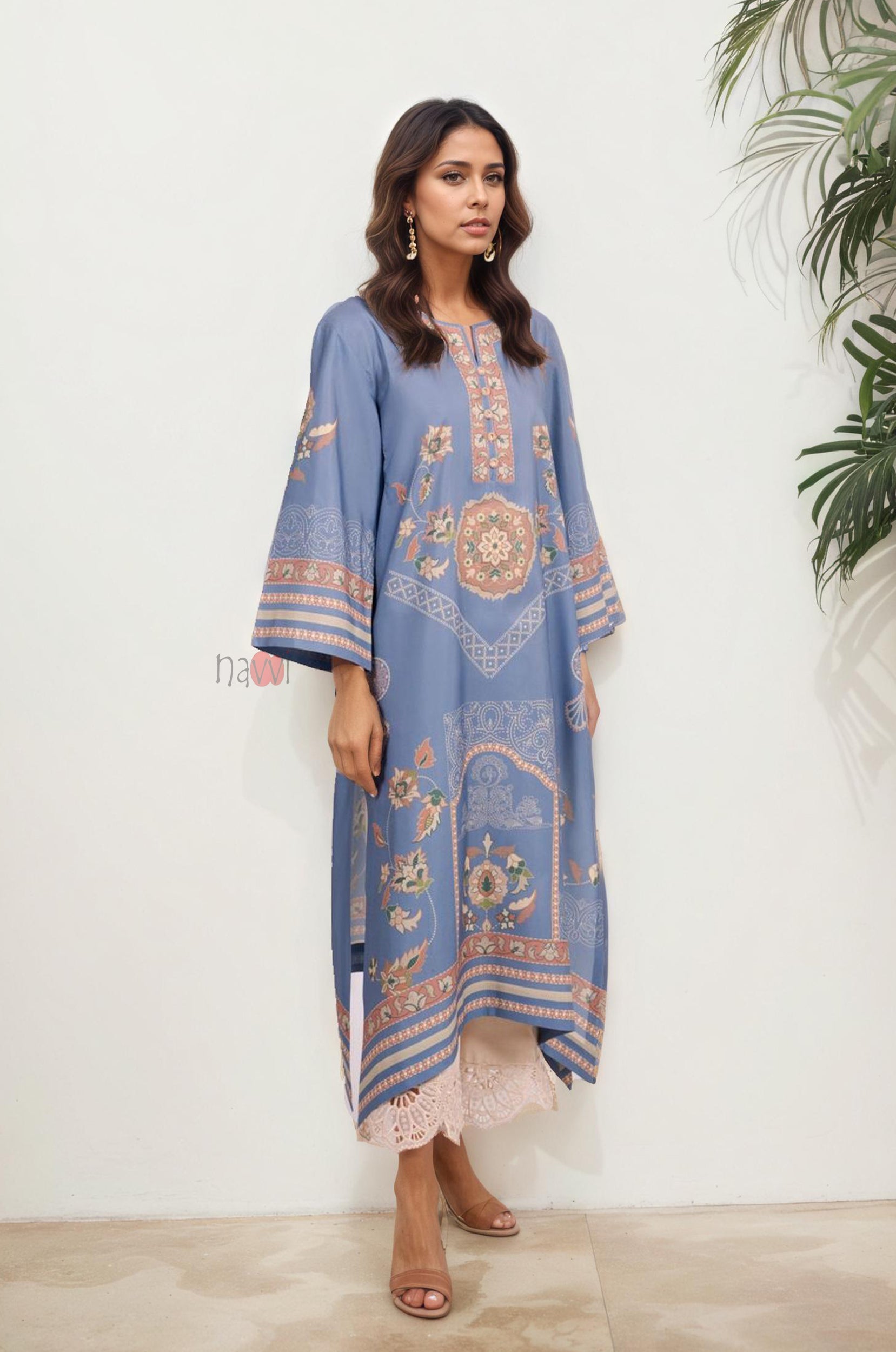 Blue Printed Long Kurta with Pastel Motifs