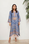 Blue Printed Long Kurta with Pastel Motifs