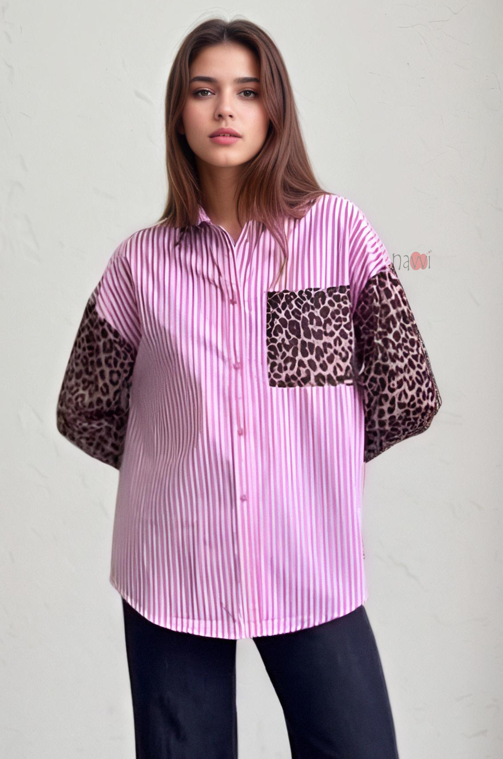 Pink Stripe & Leopard Patchwork Shirt Top
