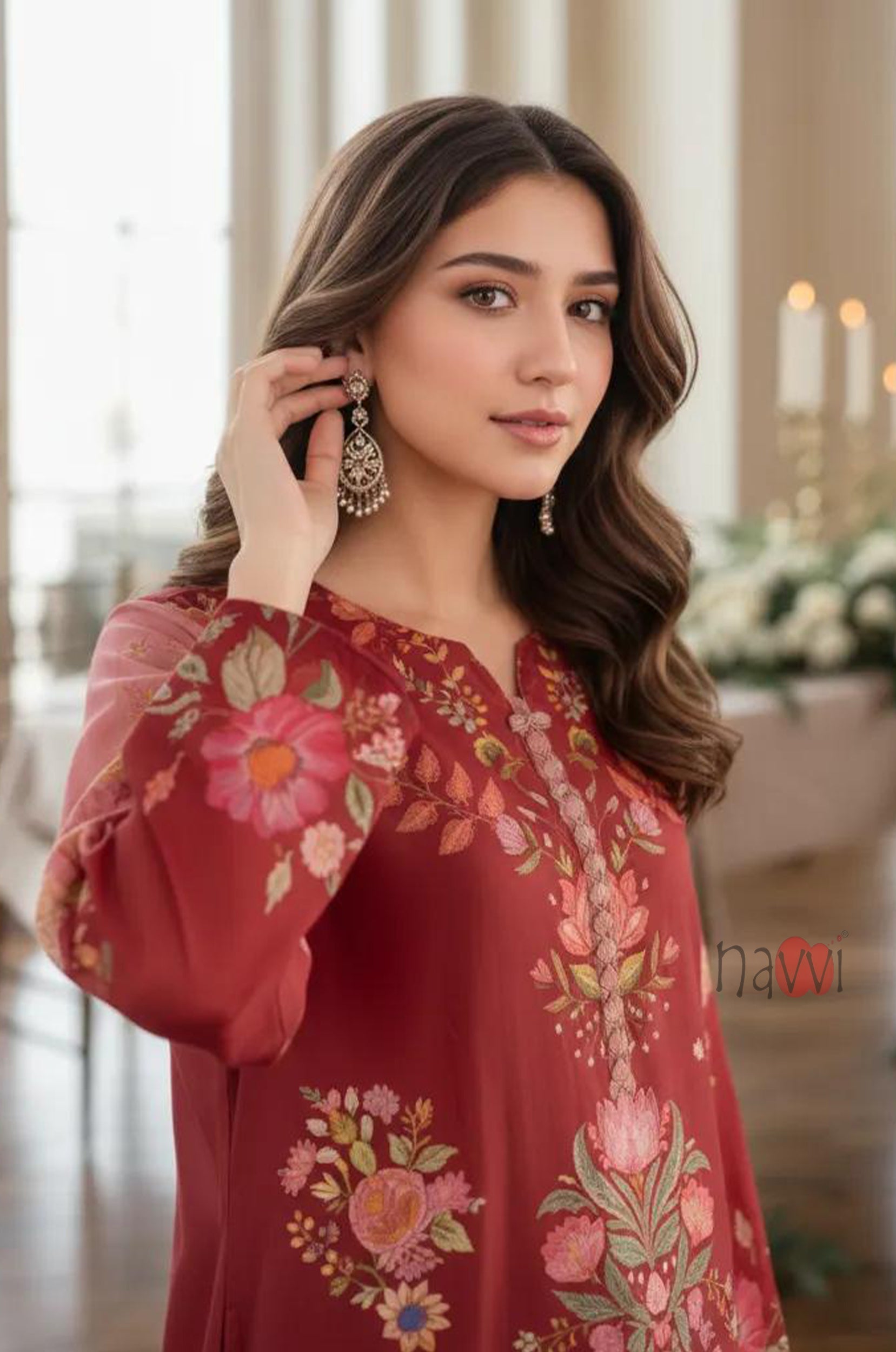 Crimson Red Floral Printed Kaftan Dress