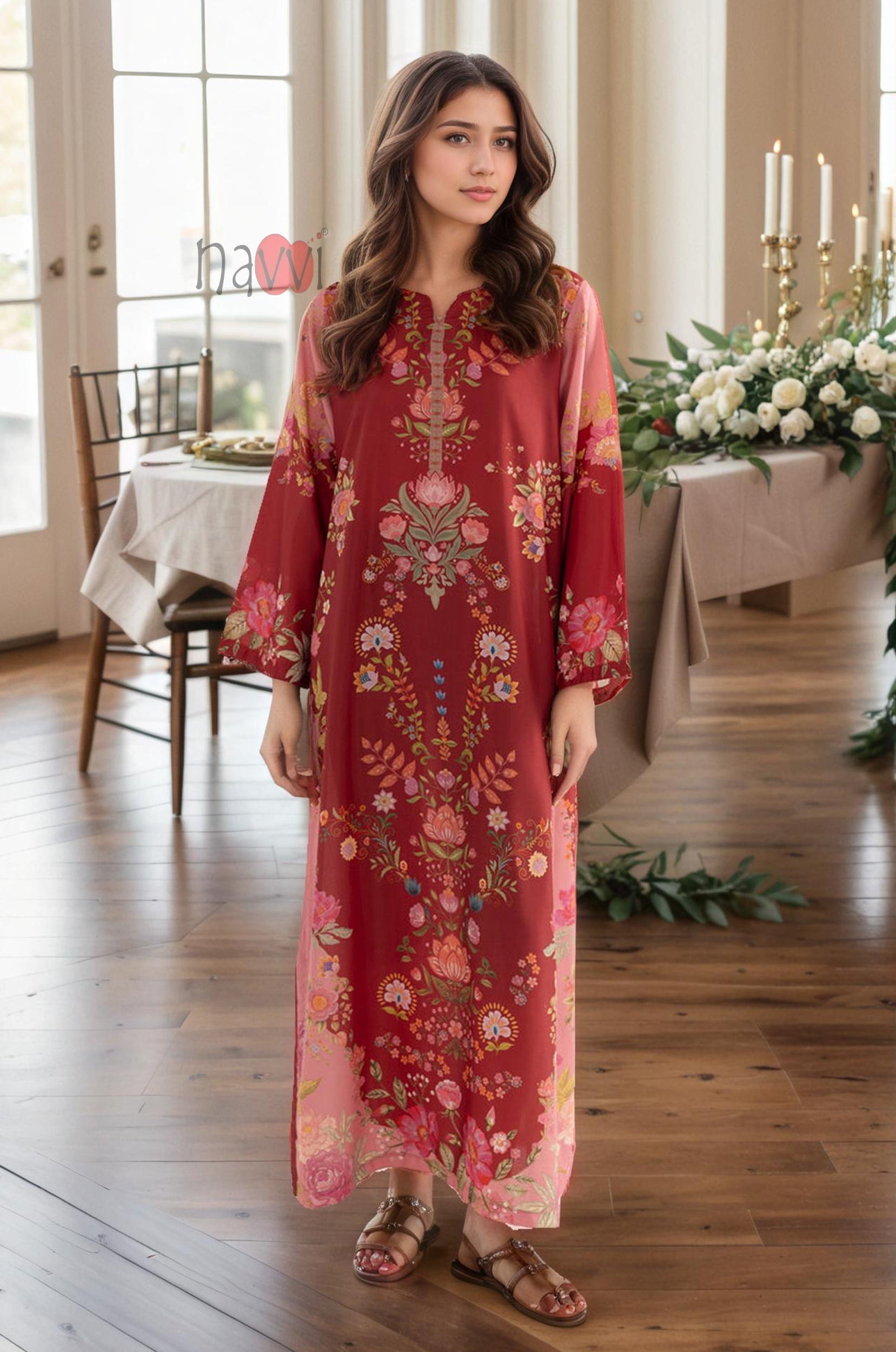 Crimson Red Floral Printed Kaftan Dress