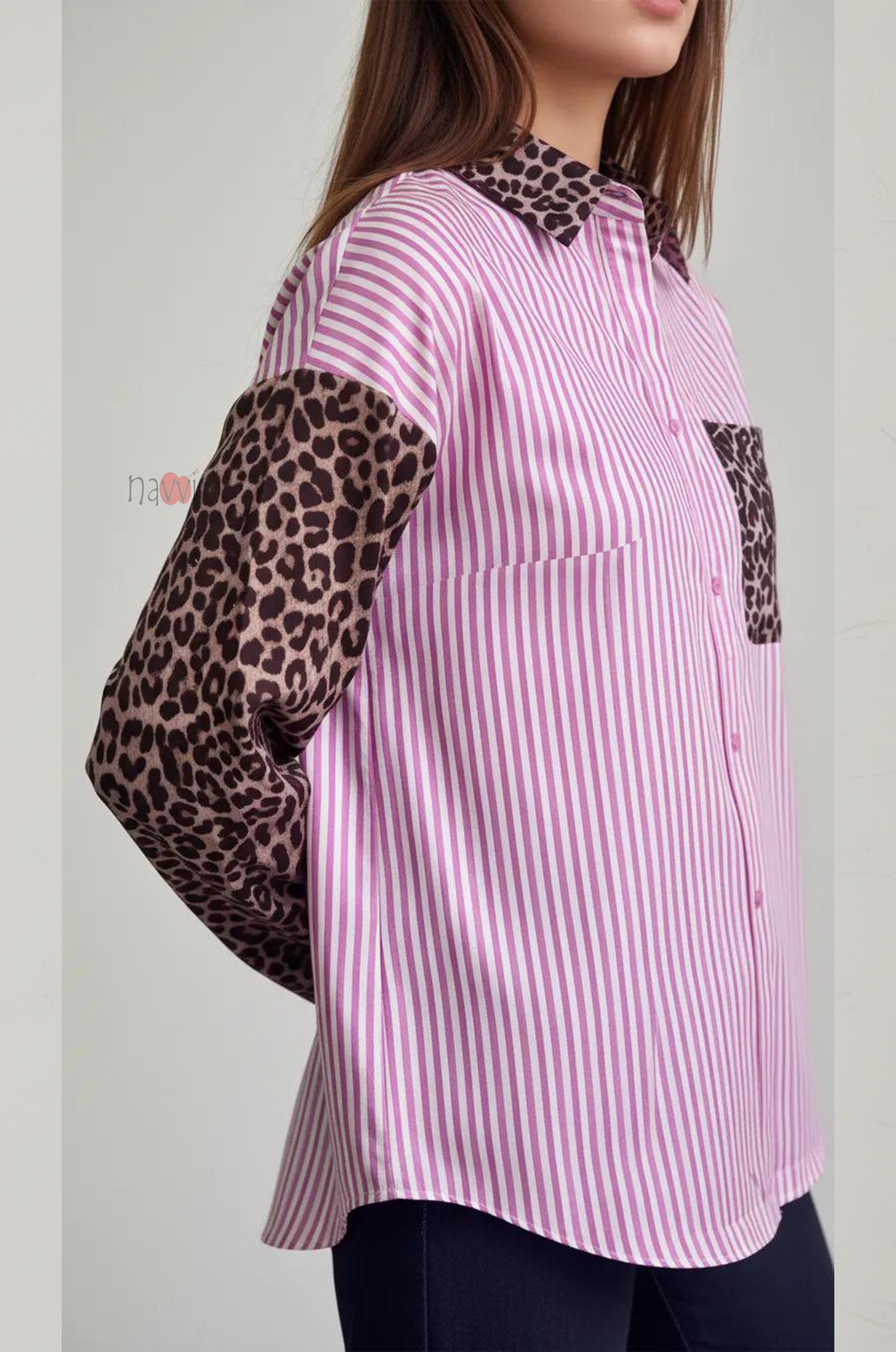 Pink Stripe & Leopard Patchwork Shirt Top