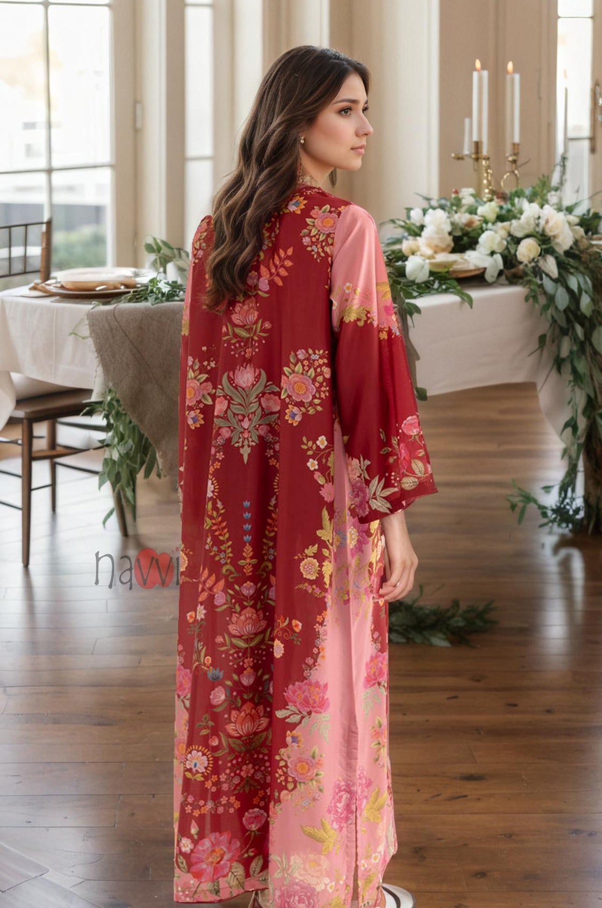 Crimson Red Floral Printed Kaftan Dress