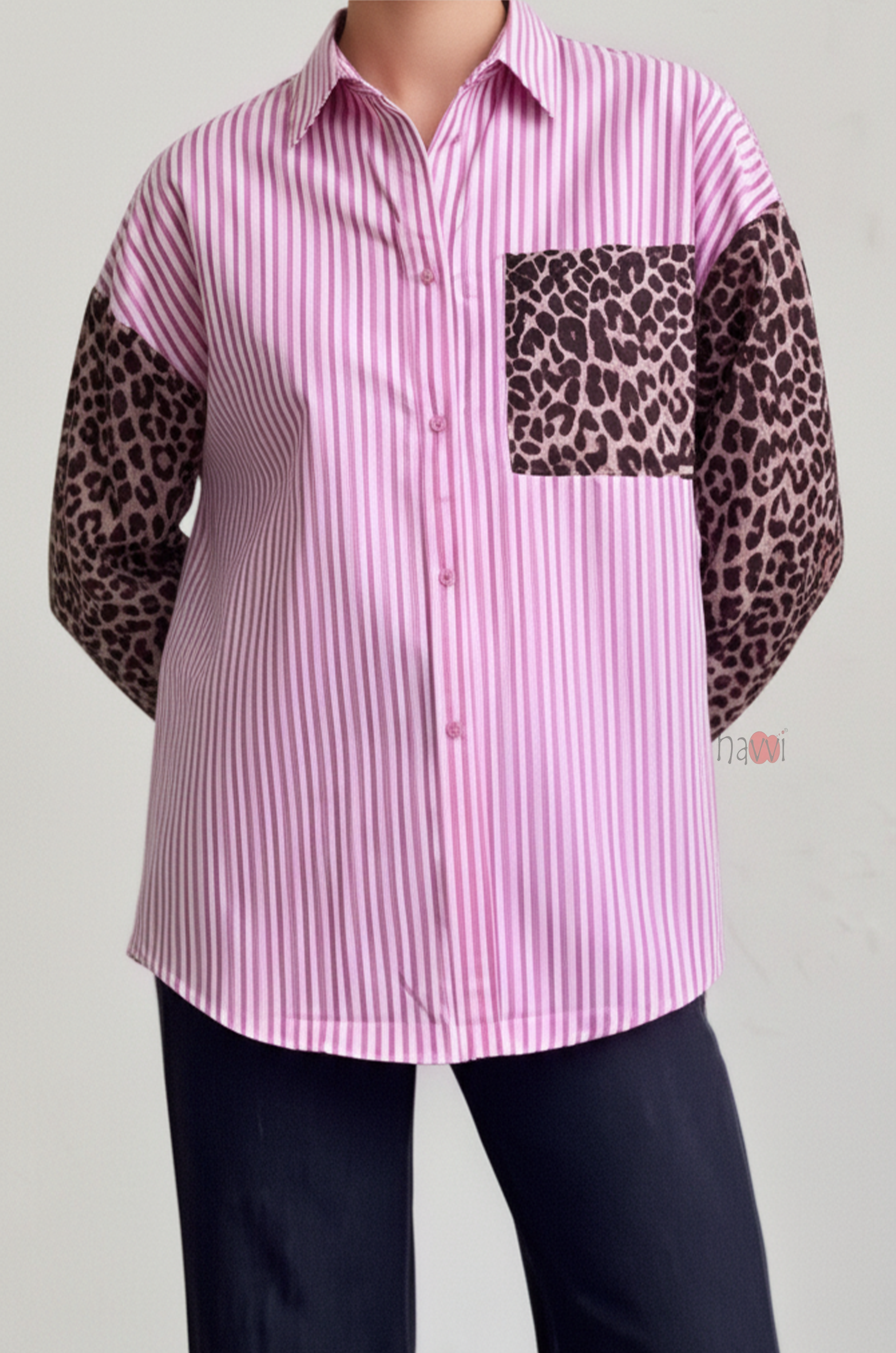 Pink Stripe & Leopard Patchwork Shirt Top