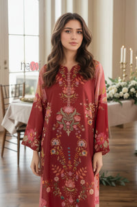 Crimson Red Floral Printed Kaftan Dress