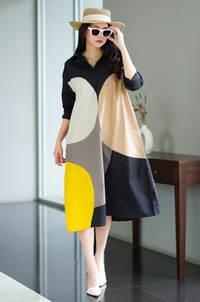 Abstract Color Block Shirt Dress - Black & Neutral