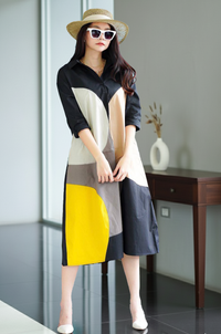 Abstract Color Block Shirt Dress - Black & Neutral