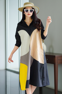 Abstract Color Block Shirt Dress - Black & Neutral