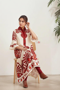 Ivory Folk Motif Tiered Shirt Dress