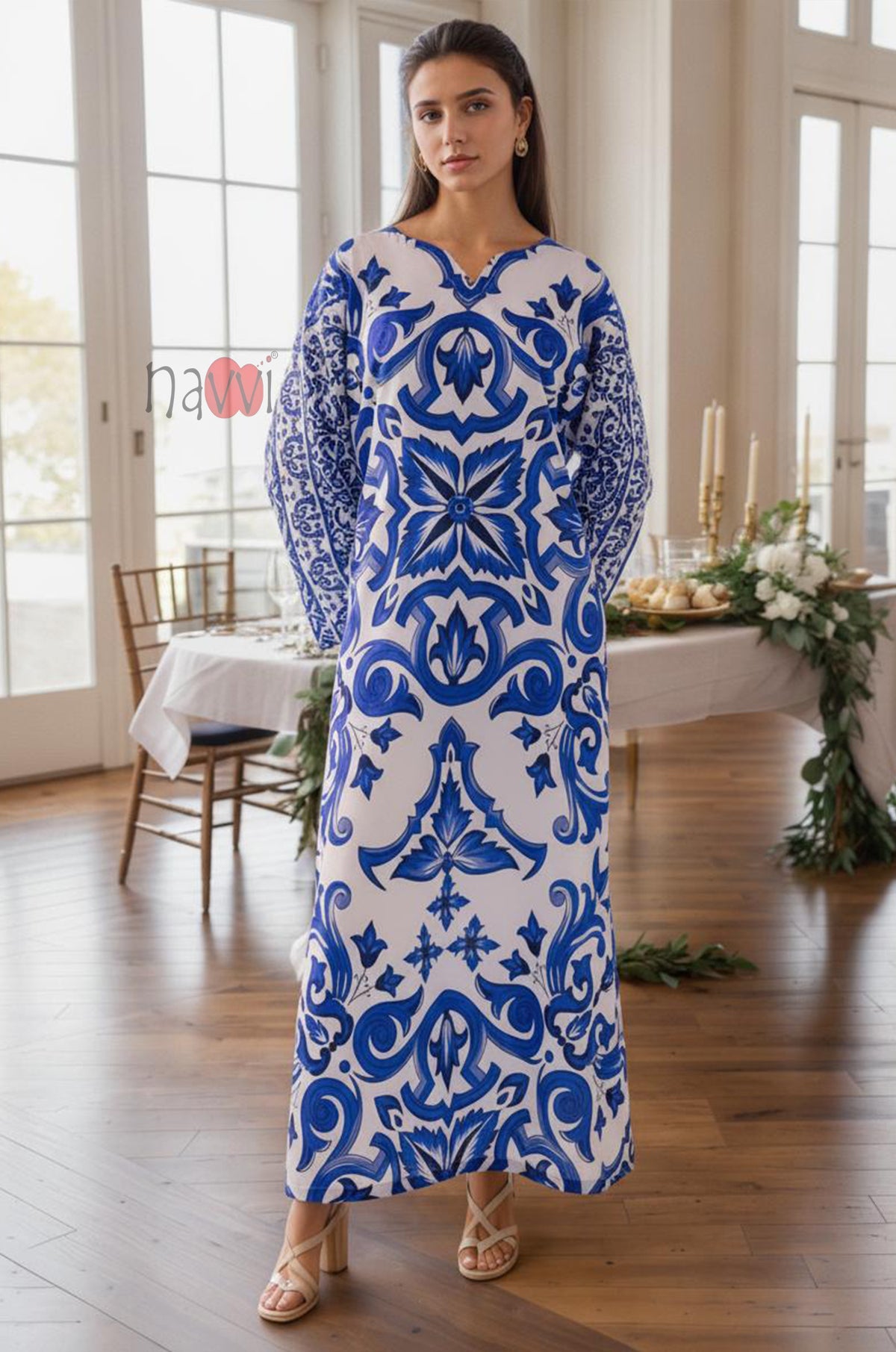Azure Bloom Printed Kaftan Dress