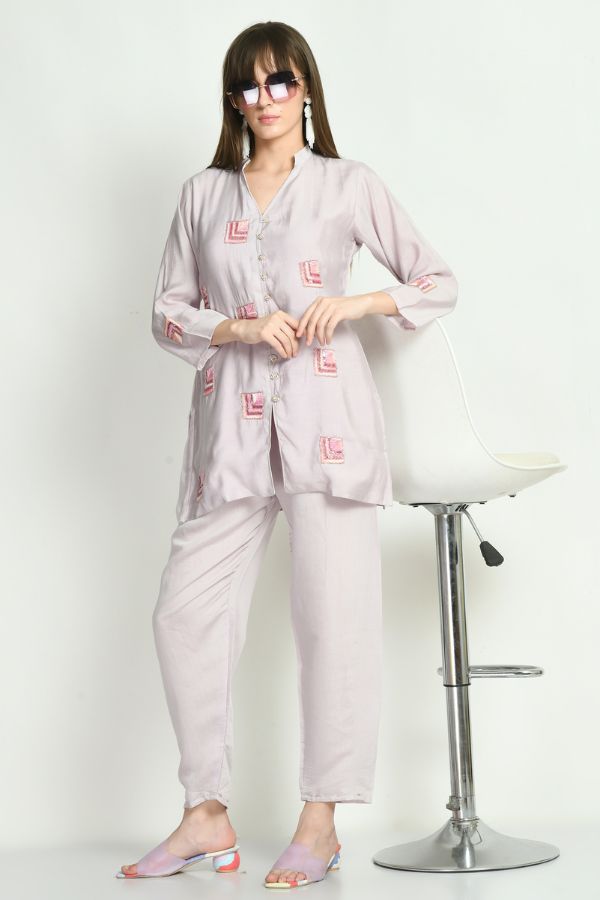 Lavender Hand Embroidered Co - ord Set - Navvi.in