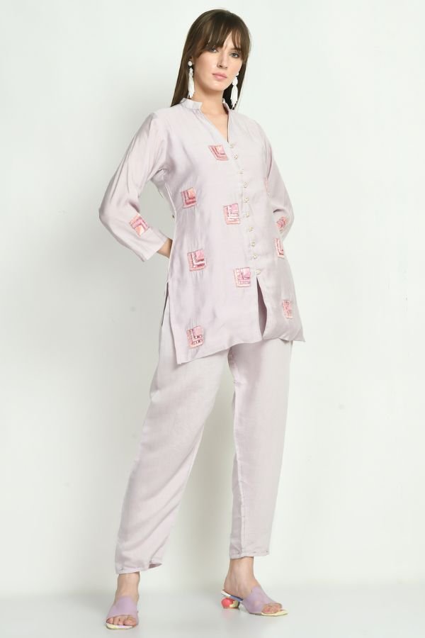 Lavender Hand Embroidered Co - ord Set - Navvi.in