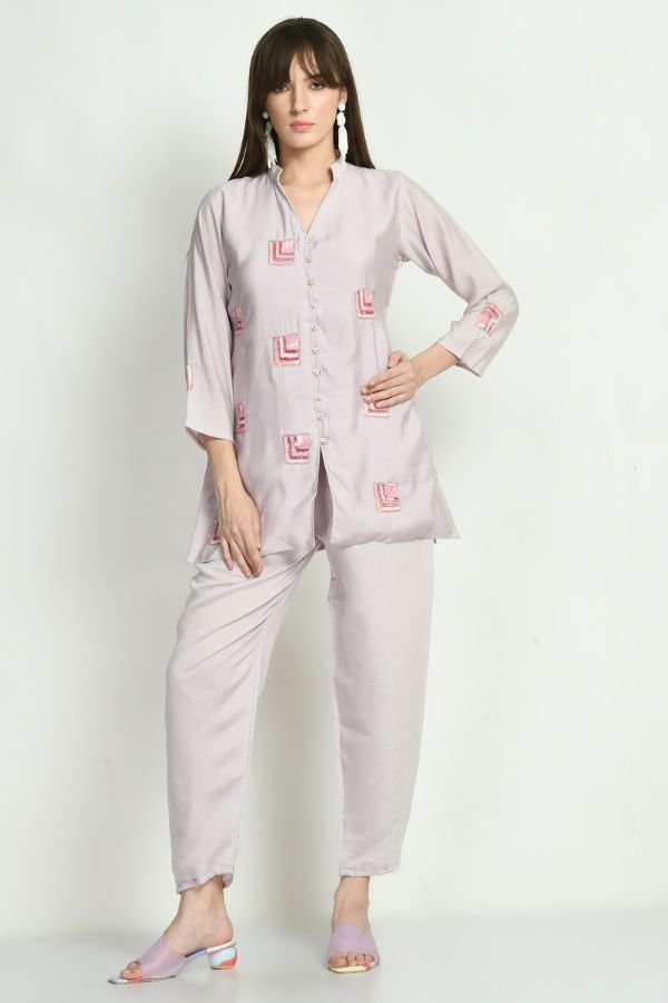 Lavender Hand Embroidered Co - ord Set - Navvi.in