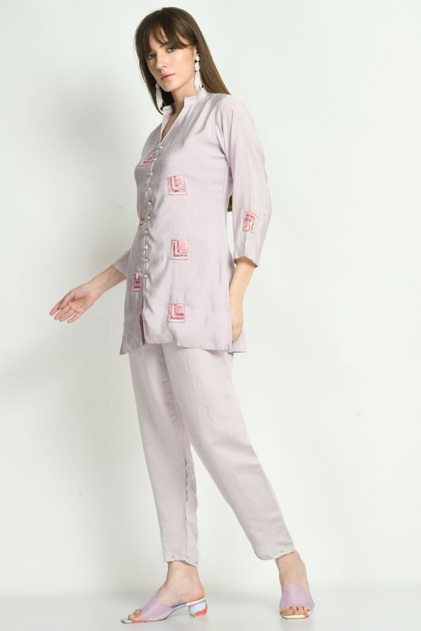 Lavender Hand Embroidered Co - ord Set - Navvi.in