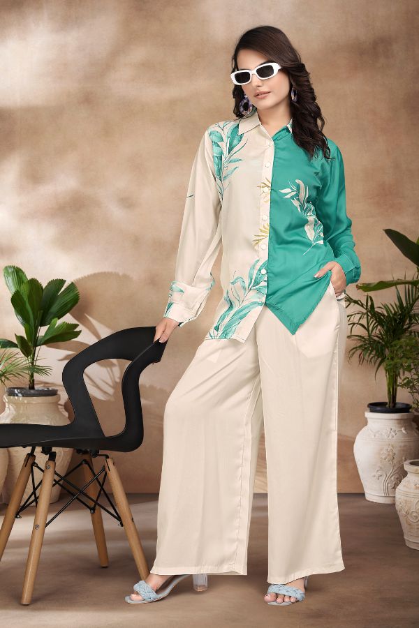Leafy Print Silk Co - ord Set - Navvi.in
