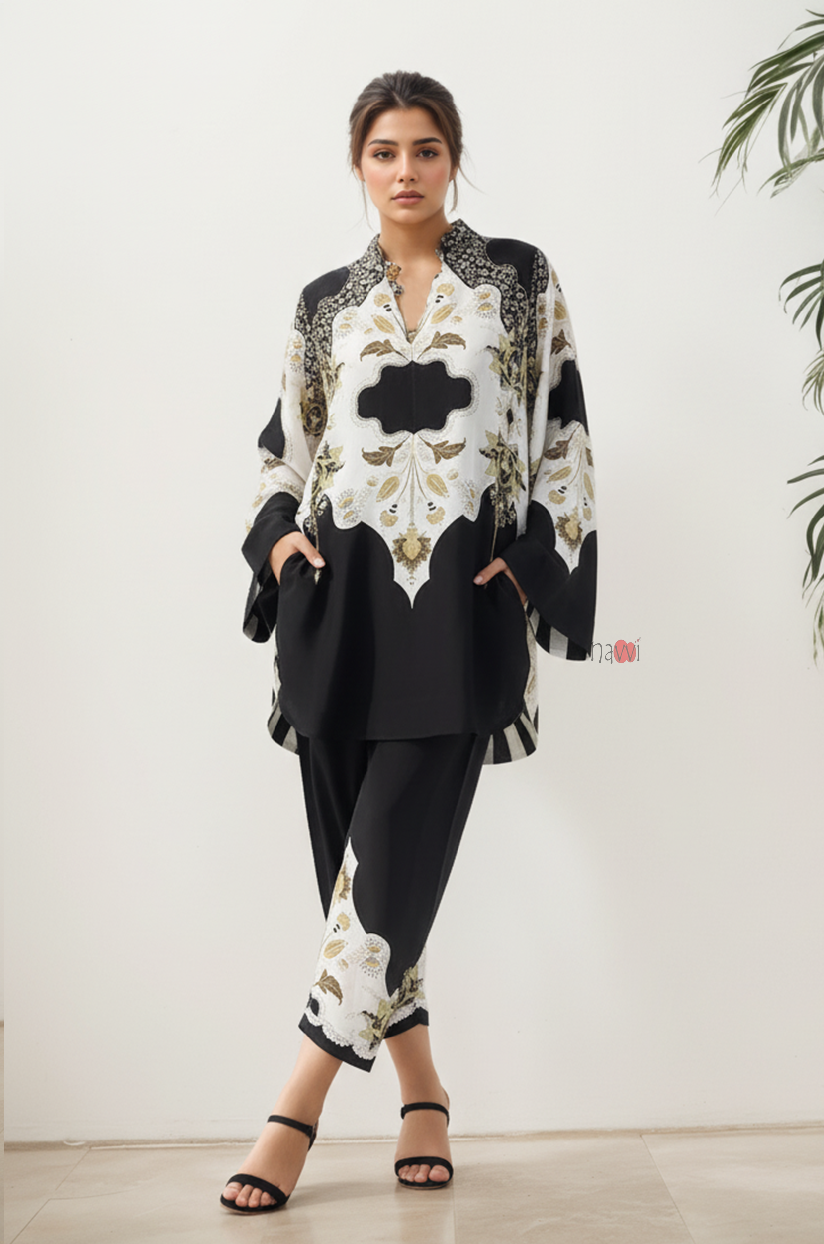 Black & Ivory Printed Kaftan-Style Co-Ord Set