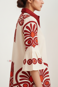 Ivory Folk Motif Tiered Shirt Dress