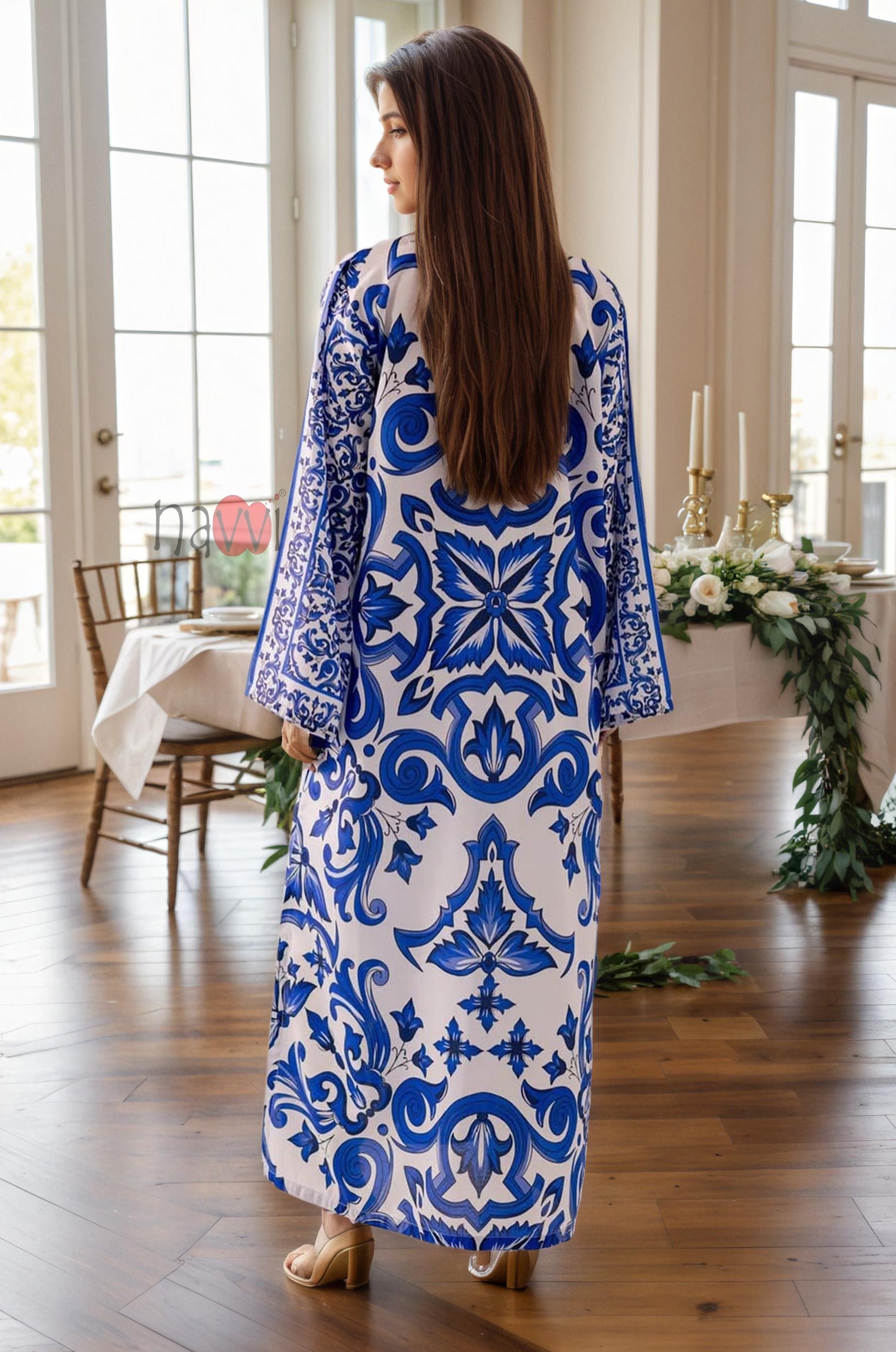 Azure Bloom Printed Kaftan Dress