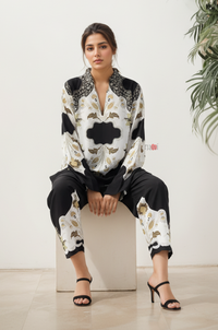 Black & Ivory Printed Kaftan-Style Co-Ord Set