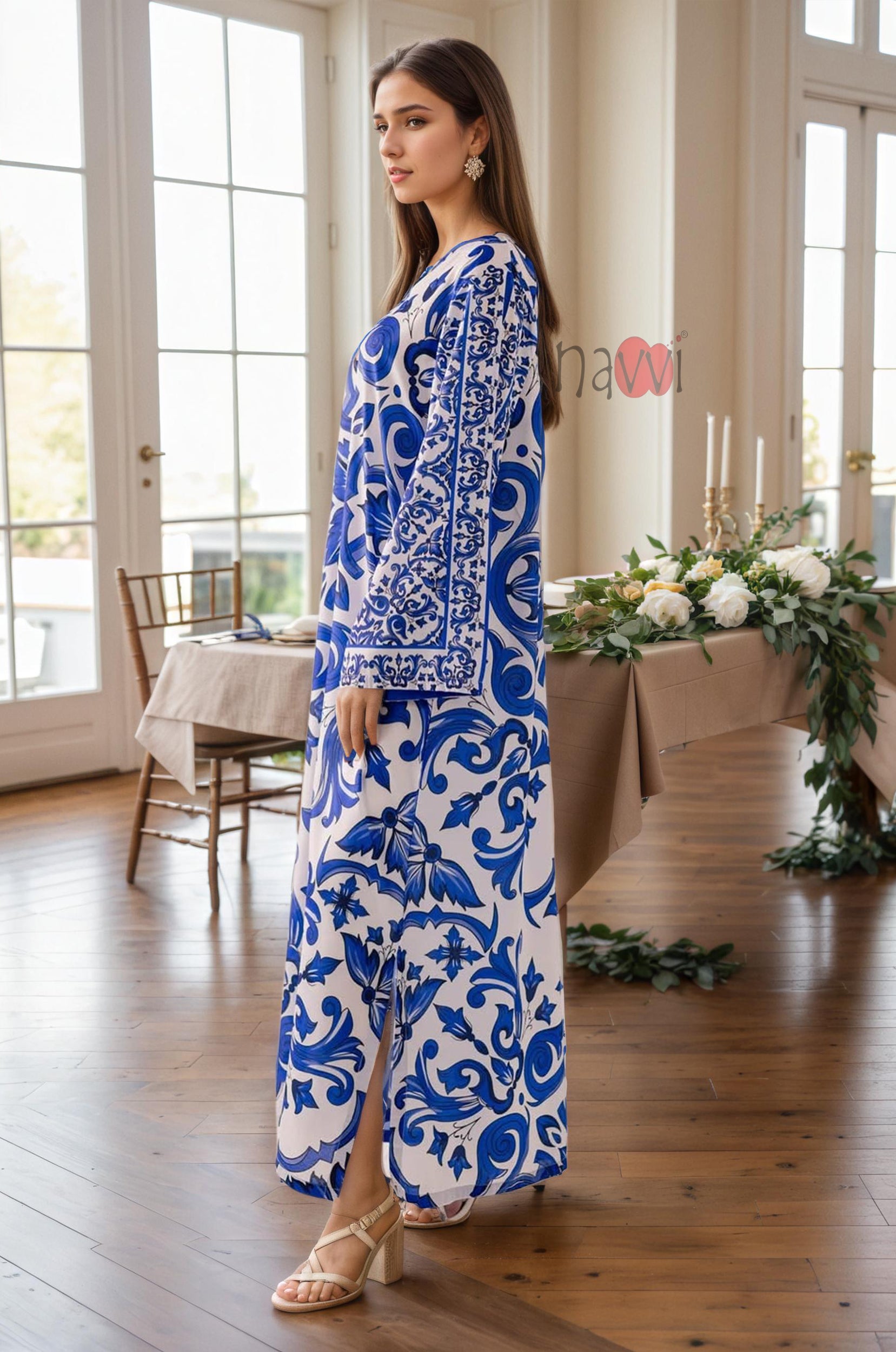 Azure Bloom Printed Kaftan Dress