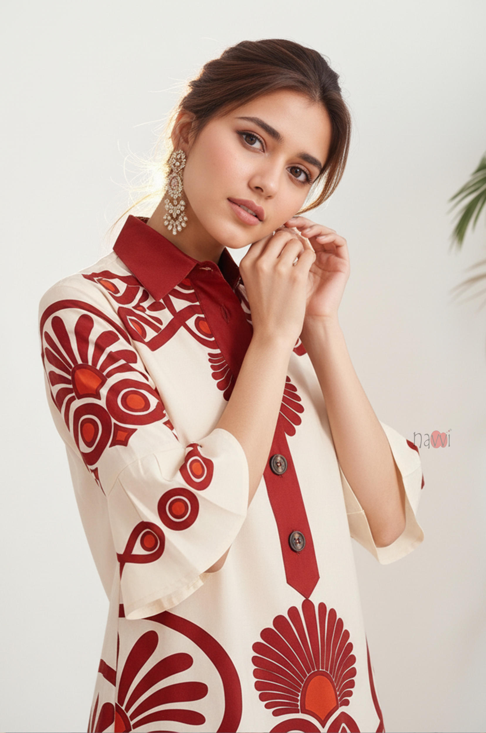 Ivory Folk Motif Tiered Shirt Dress