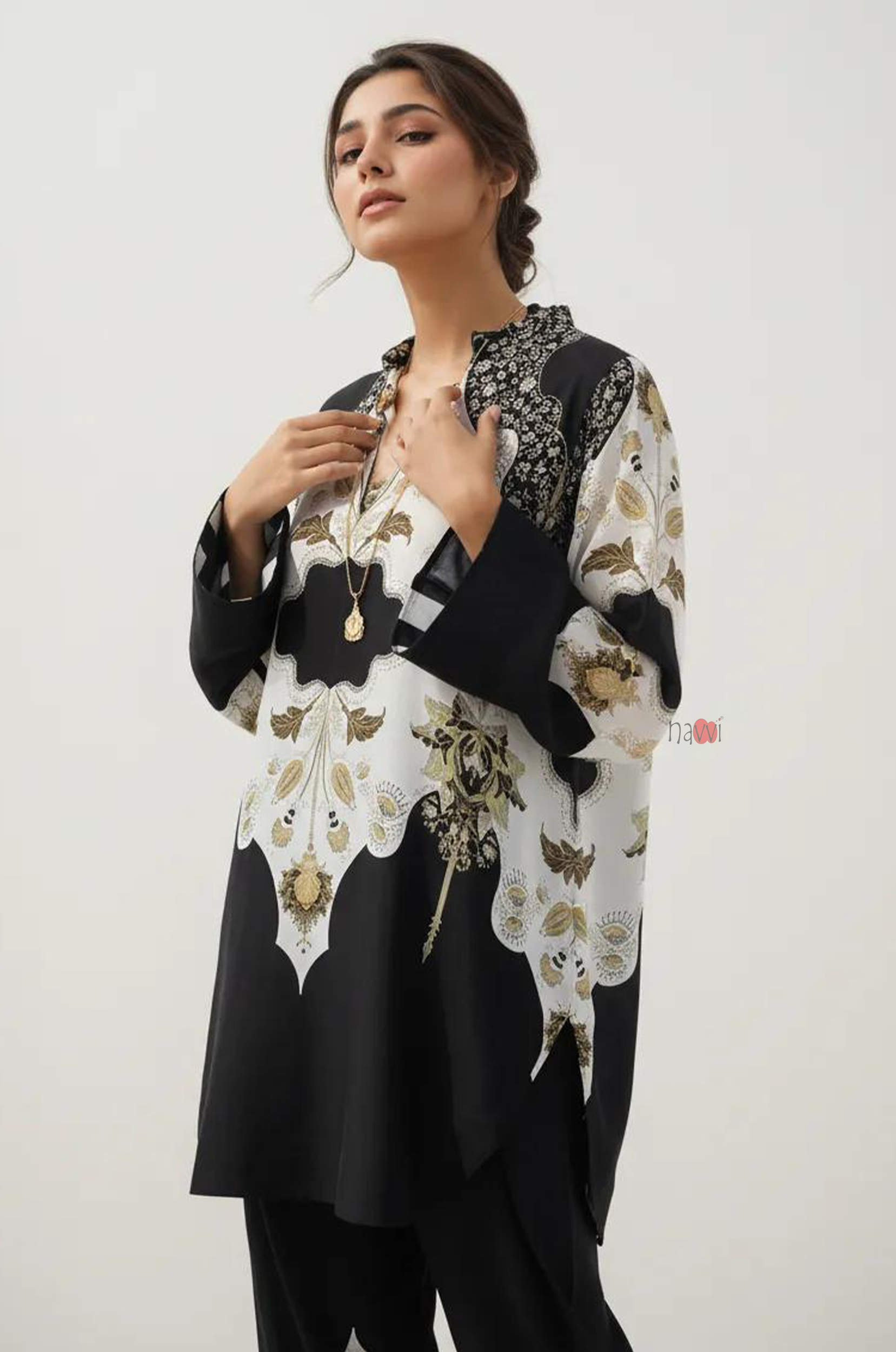 Black & Ivory Printed Kaftan-Style Co-Ord Set
