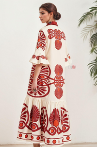 Ivory Folk Motif Tiered Shirt Dress