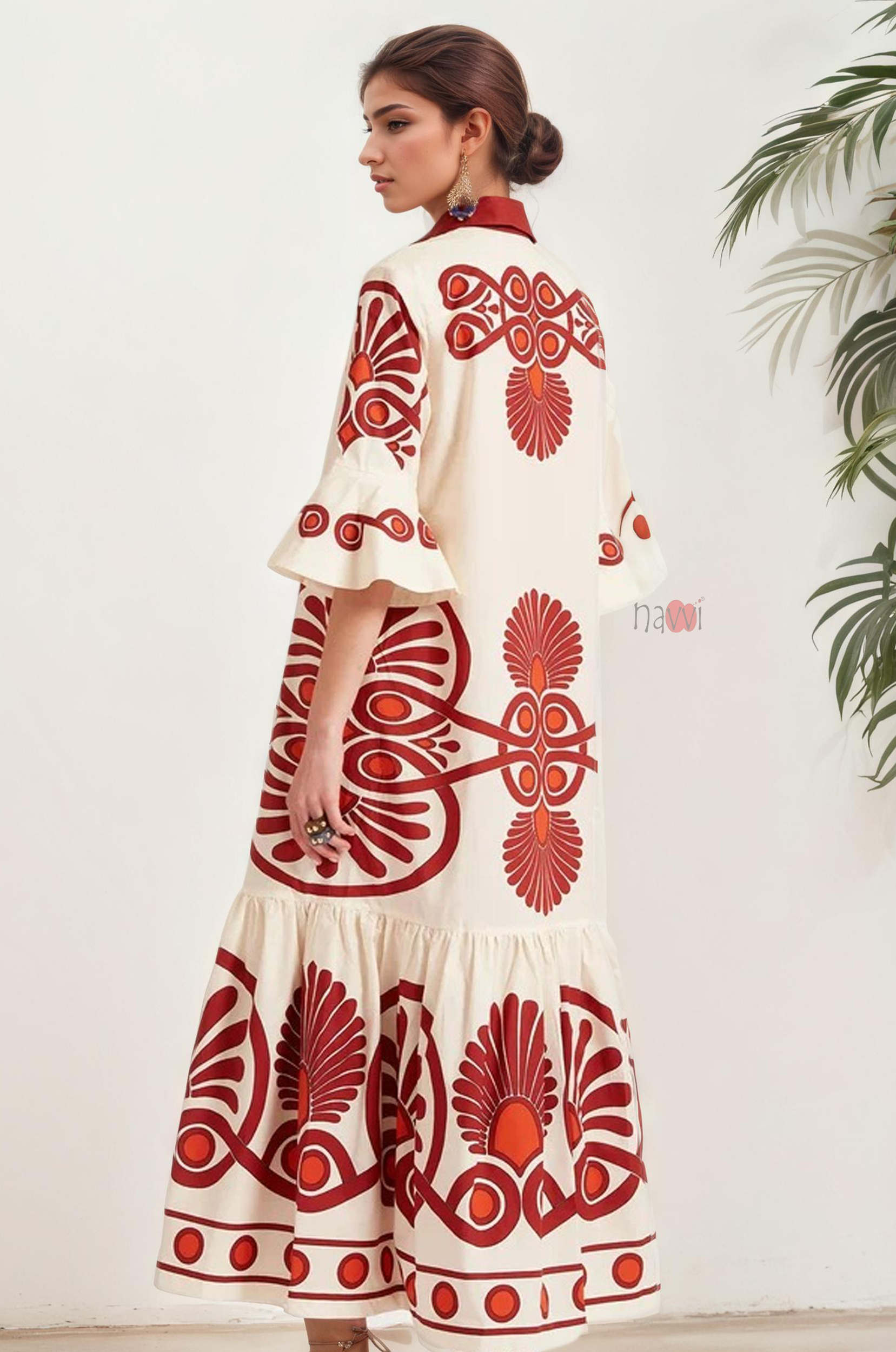 Ivory Folk Motif Tiered Shirt Dress
