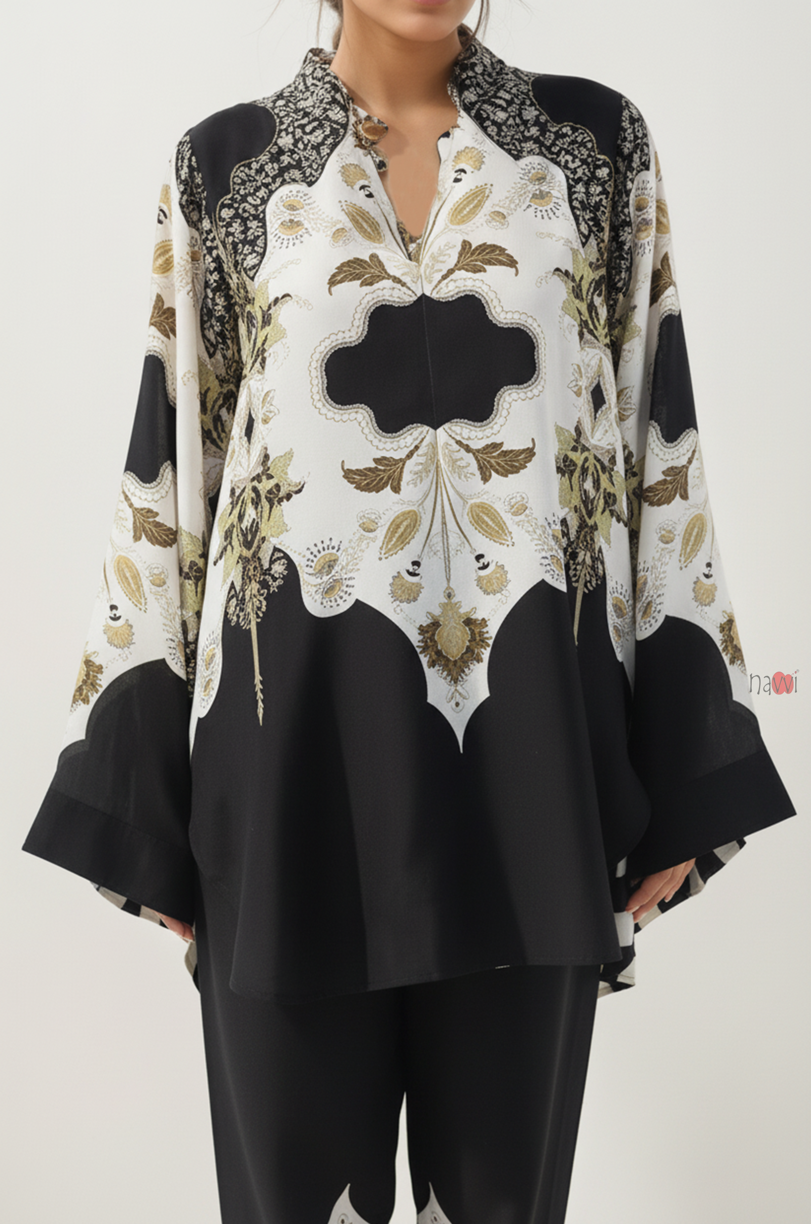 Black & Ivory Printed Kaftan-Style Co-Ord Set