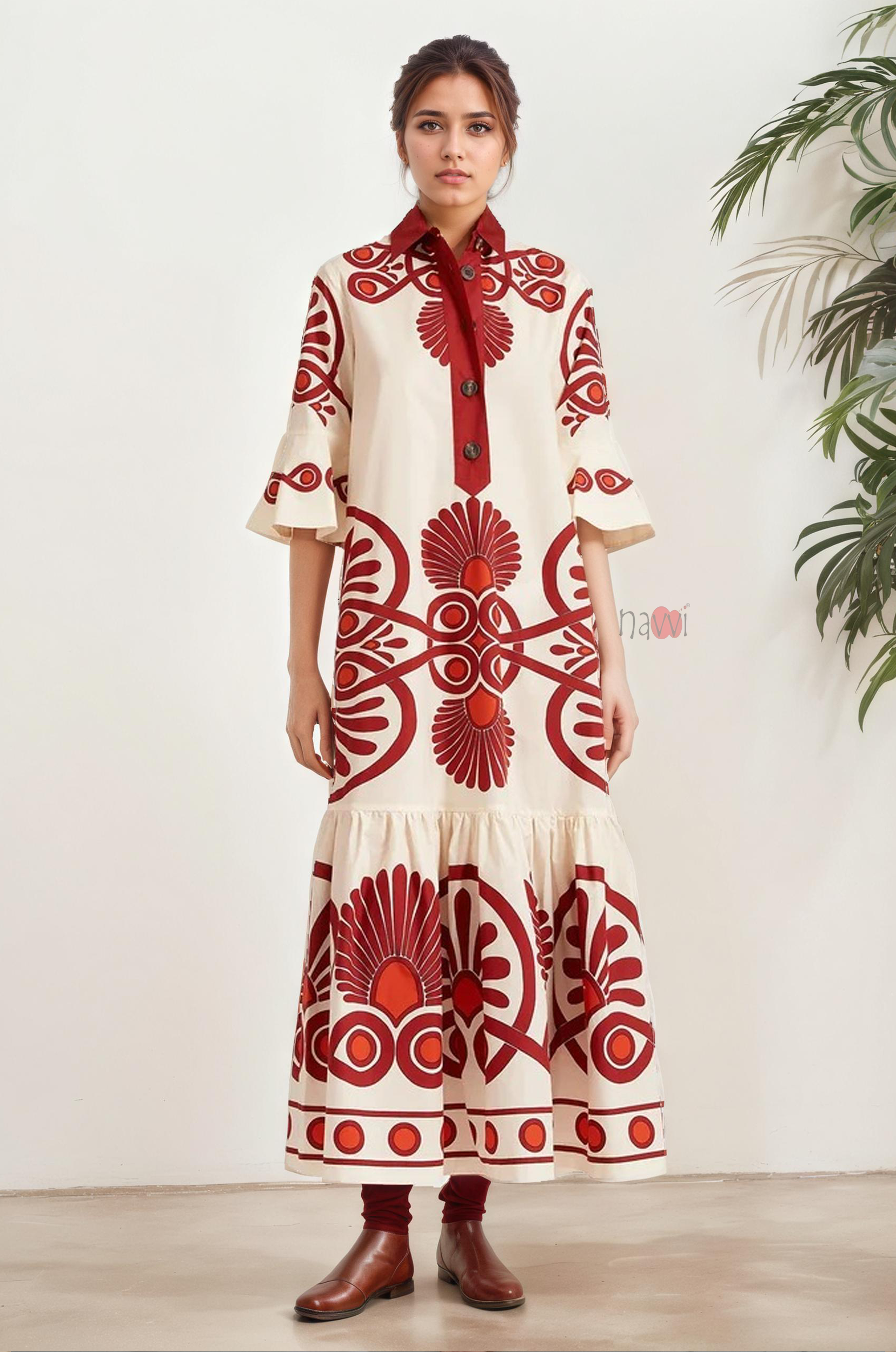 Ivory Folk Motif Tiered Shirt Dress