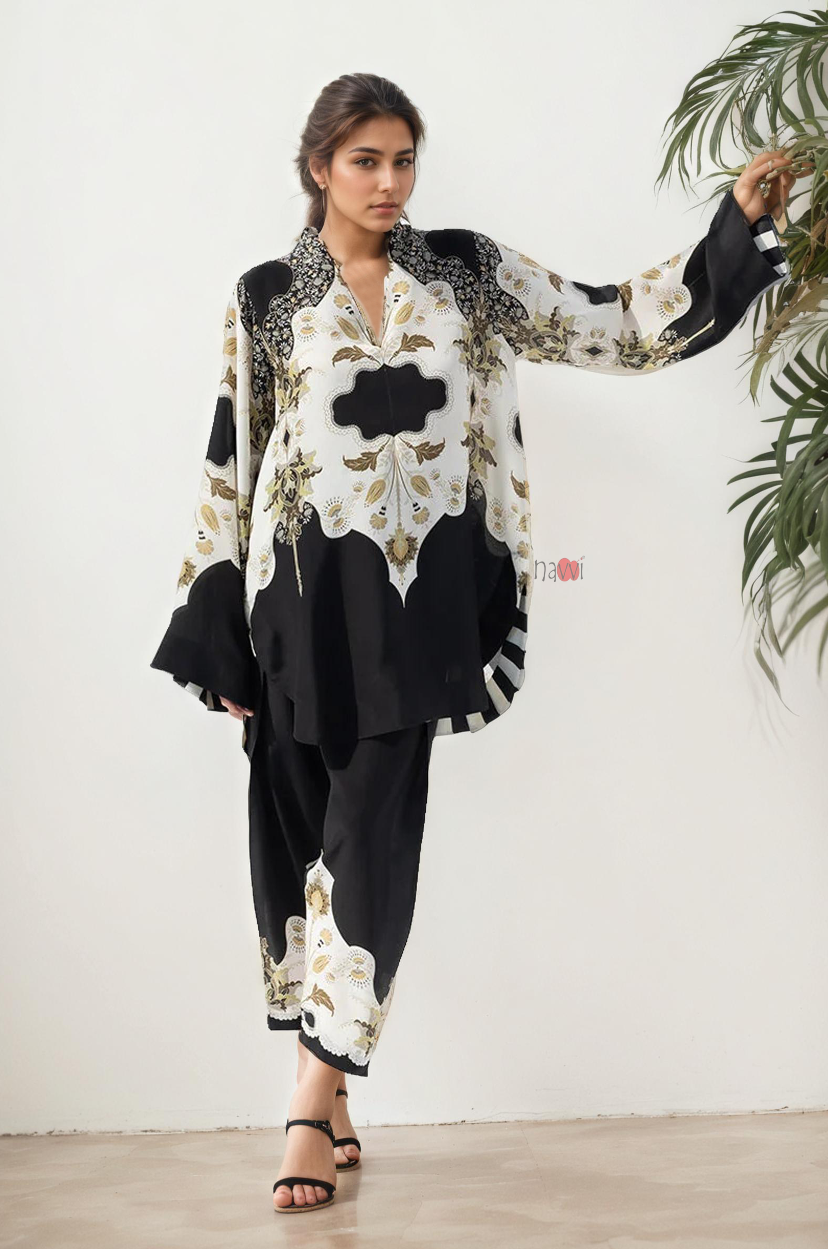 Black & Ivory Printed Kaftan-Style Co-Ord Set