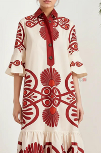 Ivory Folk Motif Tiered Shirt Dress