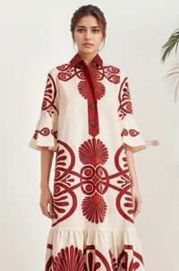 Ivory Folk Motif Tiered Shirt Dress