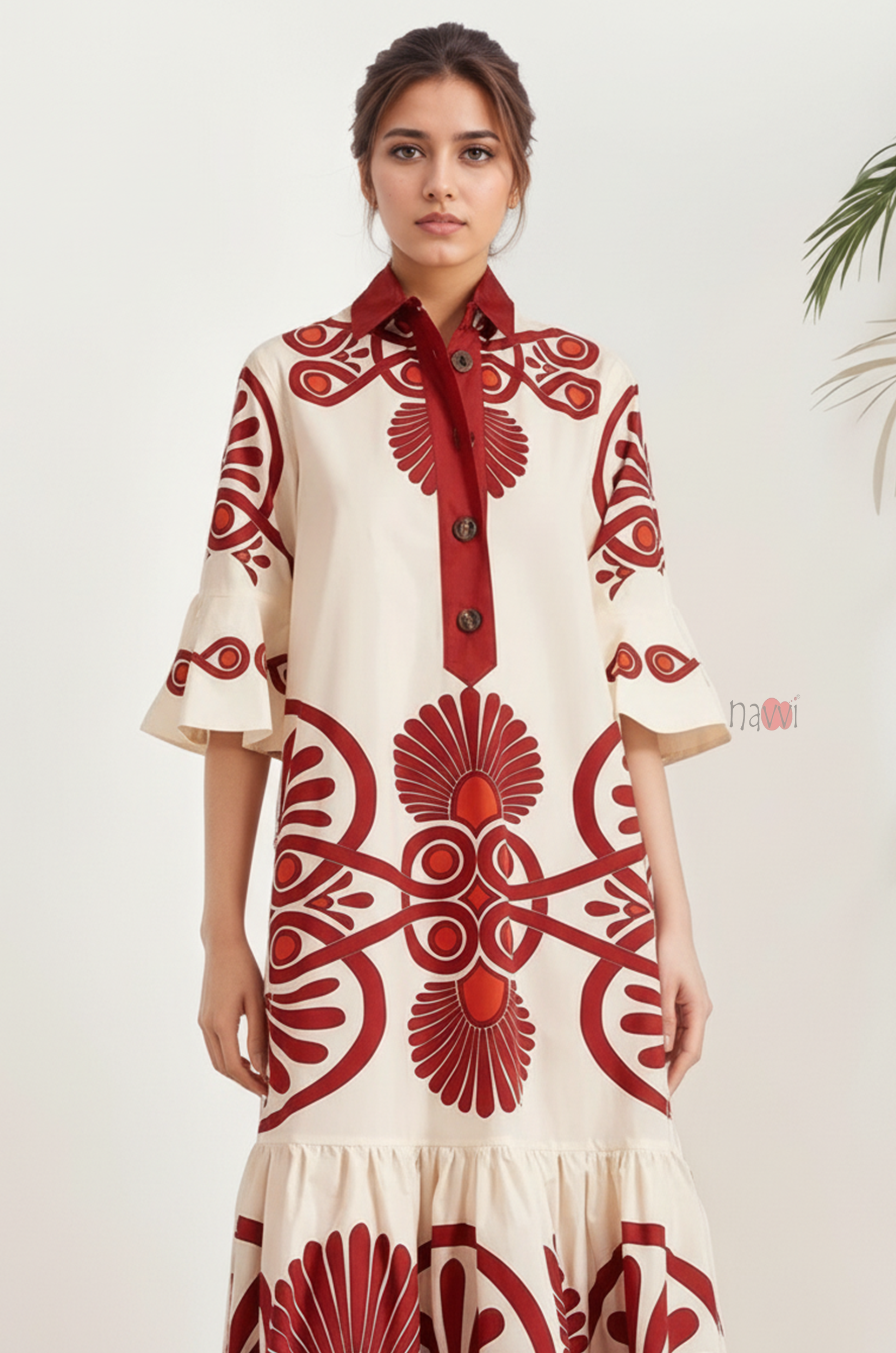 Ivory Folk Motif Tiered Shirt Dress
