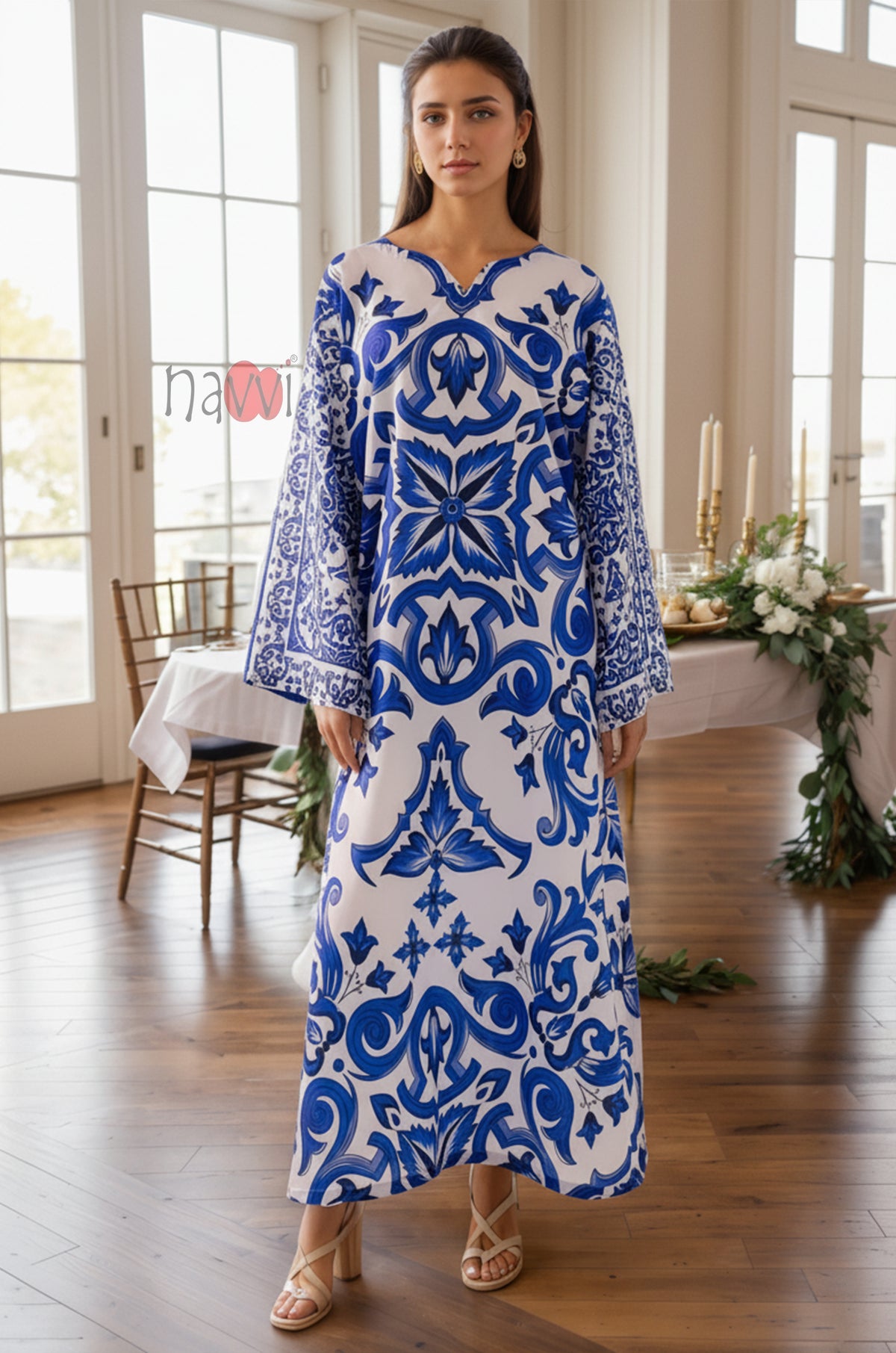 Azure Bloom Printed Kaftan Dress