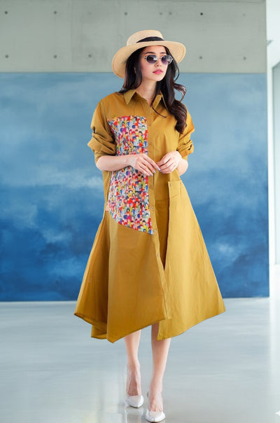 Chic Shirt Dress with Abstract Print Panel – Casual & Stylish