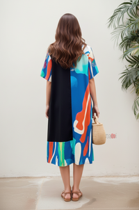 Abstract Blue Colorblock Shirt Dress for Women