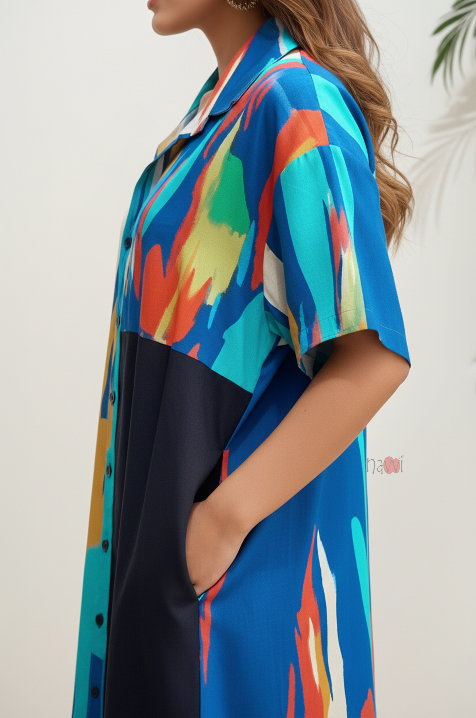 Abstract Blue Colorblock Shirt Dress for Women