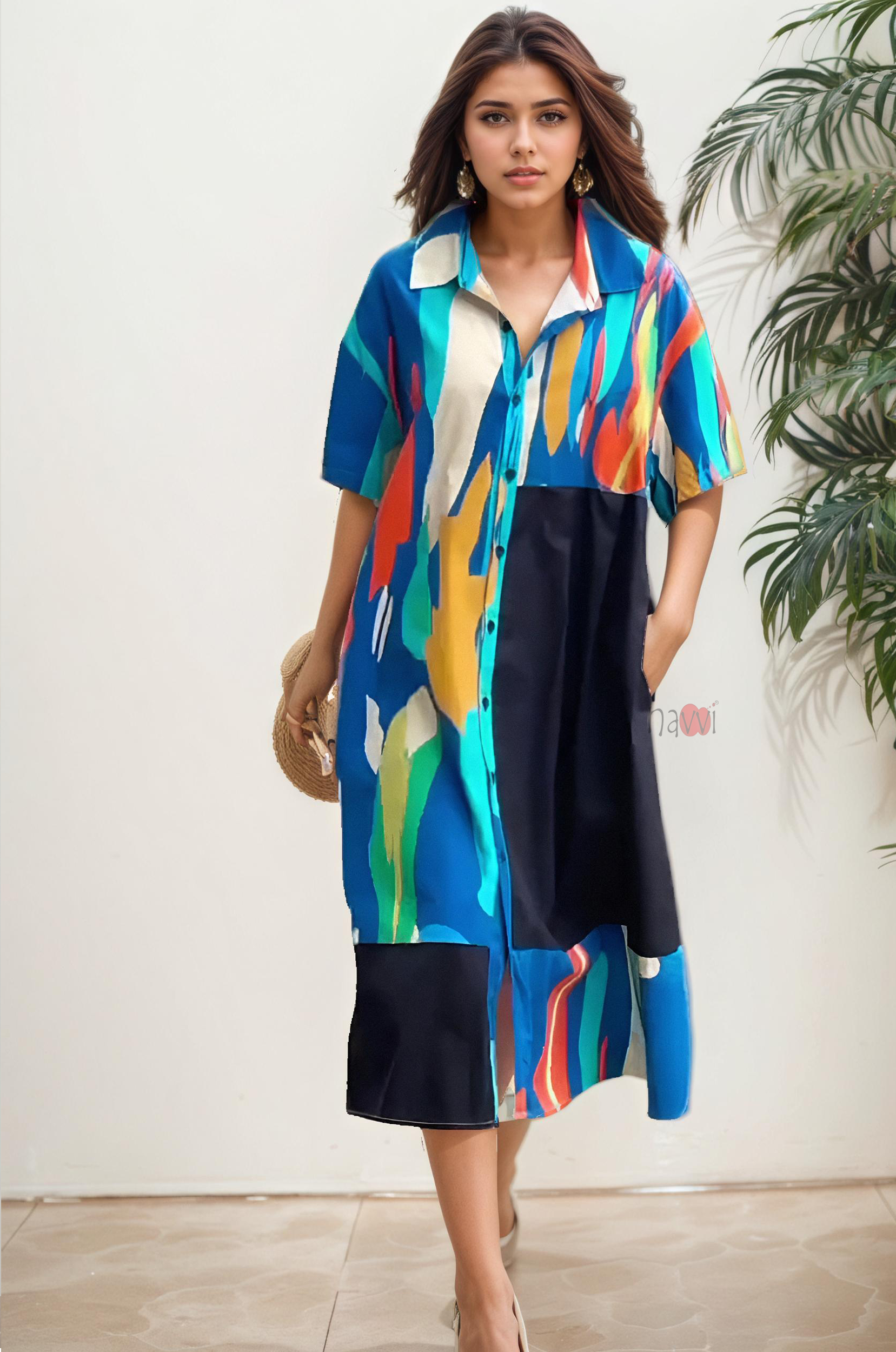 Abstract Blue Colorblock Shirt Dress for Women