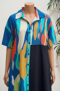 Abstract Blue Colorblock Shirt Dress for Women