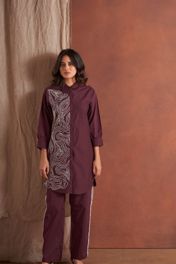 Maroon Embroidery Co - Ord Set With Pants - Navvi.in