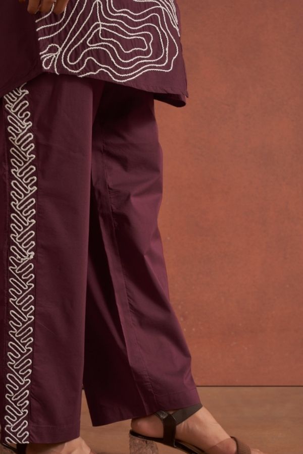 Maroon Embroidery Co - Ord Set With Pants - Navvi.in