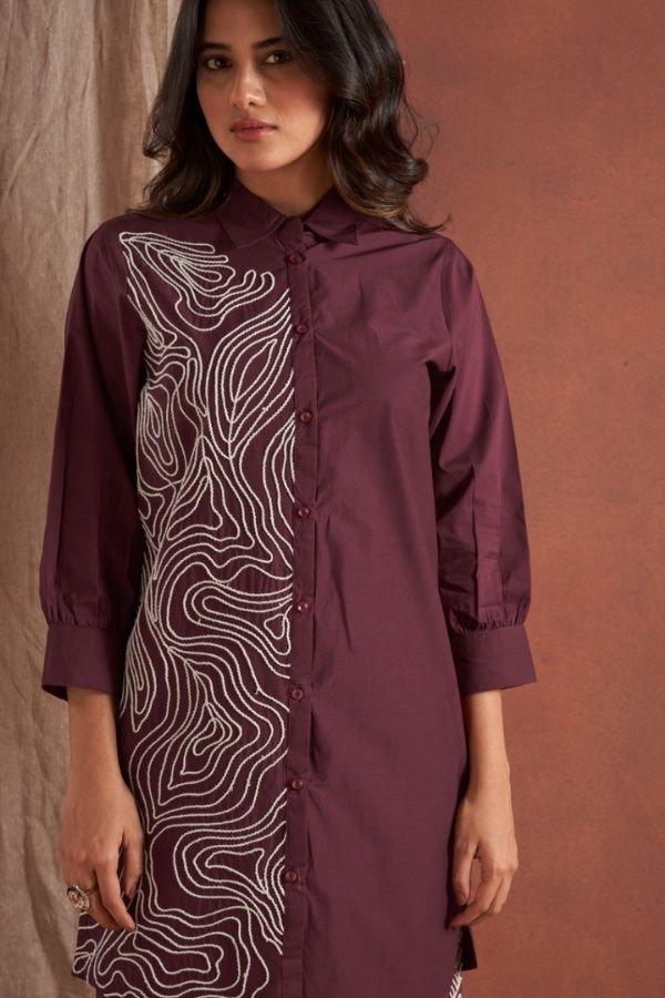 Maroon Embroidery Co - Ord Set With Pants - Navvi.in
