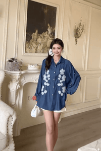Midnight Petals Embroidered Shirt - Navvi.in