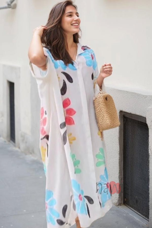 Minimal Printed White Floral Shirt Dress - Navvi.in