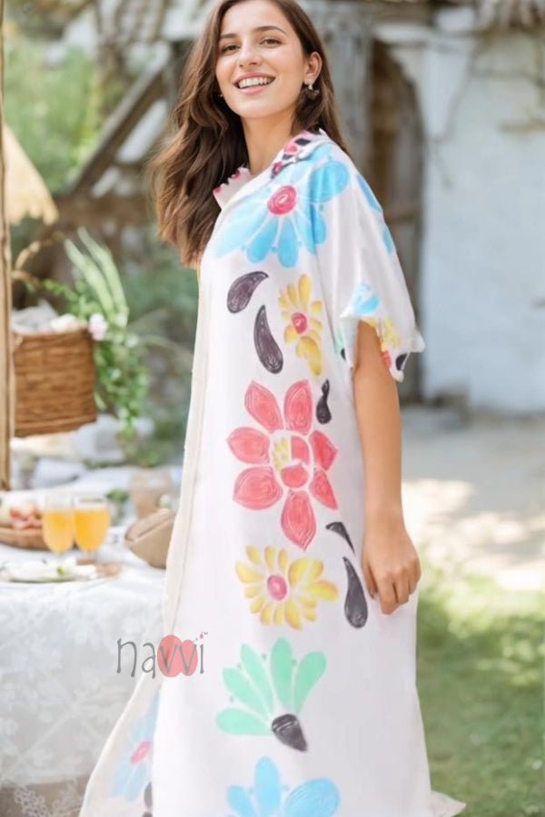 Minimal Printed White Floral Shirt Dress - Navvi.in