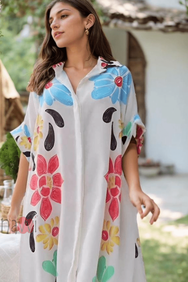 Minimal Printed White Floral Shirt Dress - Navvi.in