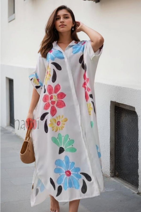 Minimal Printed White Floral Shirt Dress - Navvi.in