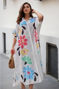 Minimal Printed White Floral Shirt Dress - Navvi.in